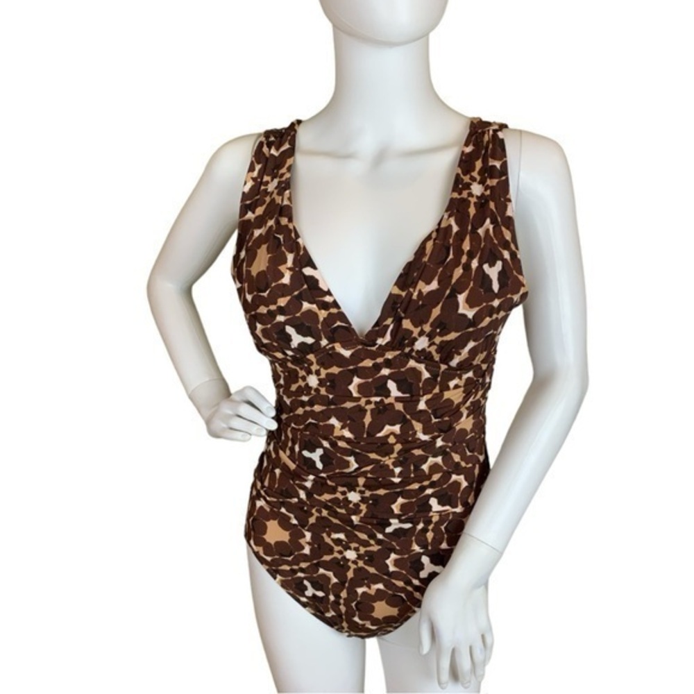 Garnet Hill Ruched Deep V-Neck Brown Tan Abstract Wide Strap One Piece Size 10